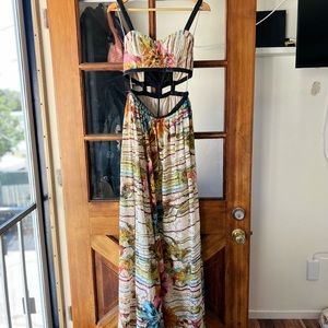 Alice + Olivia Dian Lace Leather Trim Bustier Cutout Maxi Dress